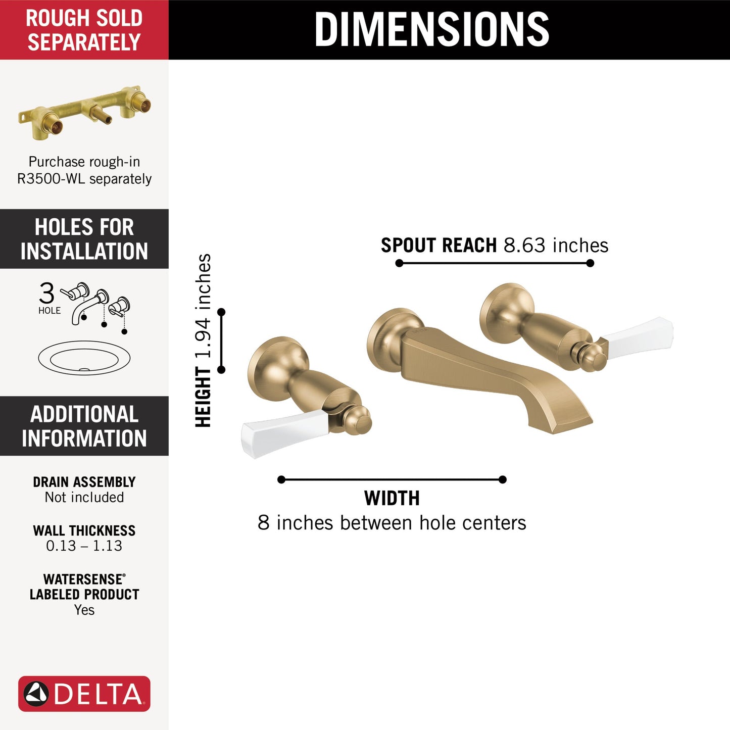 Delta Dorval T3556LF Two Handle Wall Mount Bathroom Faucet Trim Only