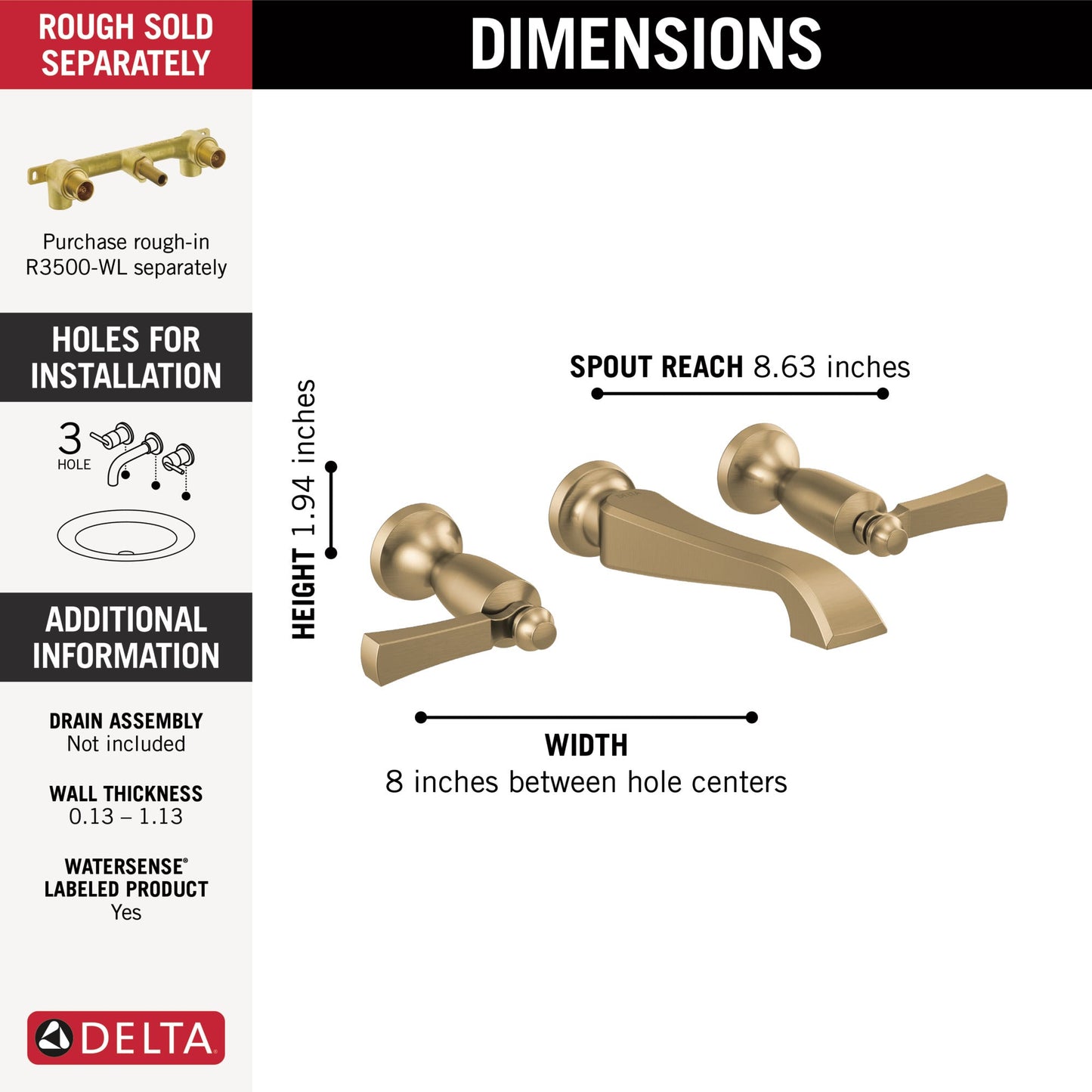 Delta Dorval T3556LF Two Handle Wall Mount Bathroom Faucet Trim Only