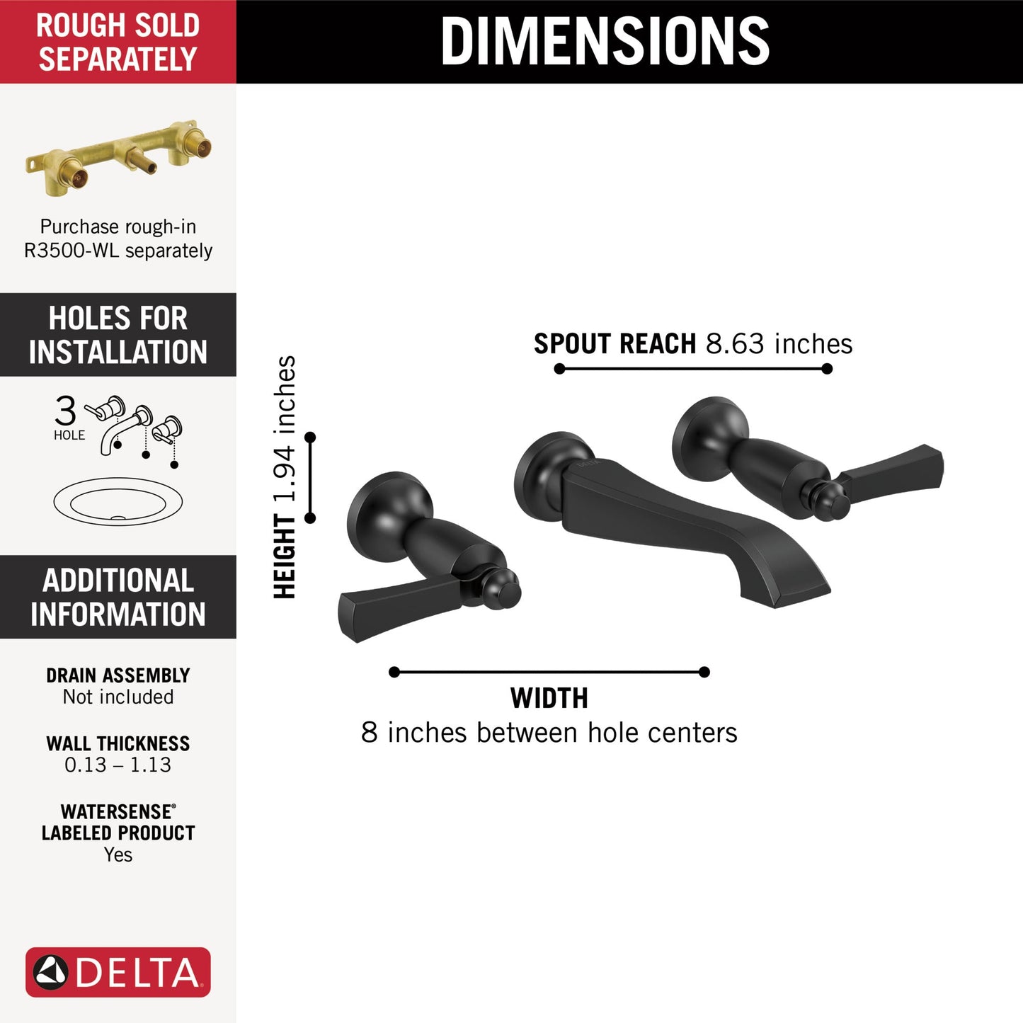 Delta Dorval T3556LF Two Handle Wall Mount Bathroom Faucet Trim Only