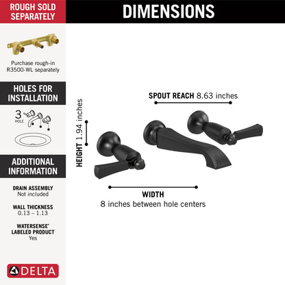Delta Dorval T3556LF Two Handle Wall Mount Bathroom Faucet Trim Only