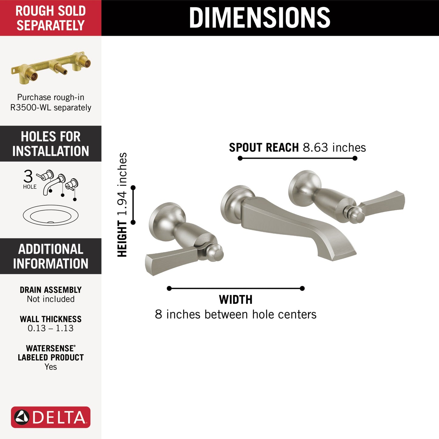 Delta Dorval T3556LF Two Handle Wall Mount Bathroom Faucet Trim Only