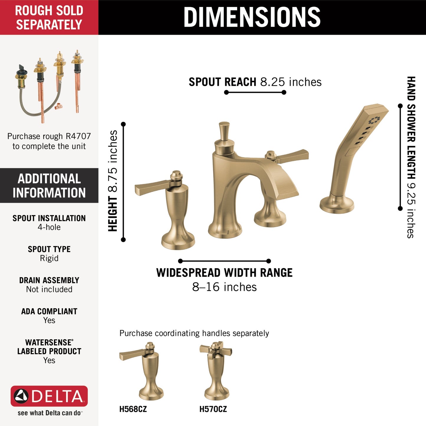 Delta Dorval T4756 Roman Tub with Hand Shower Trim - Less Handles