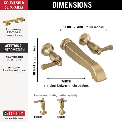 Delta Dorval T5756 Two Handle Wall Mount Tub Filler - Less Handles