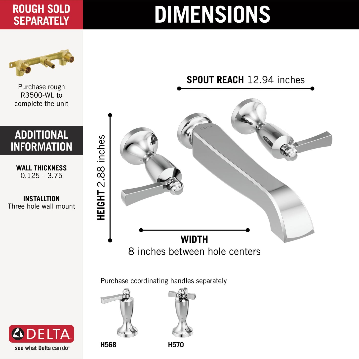 Delta Dorval T5756 Two Handle Wall Mount Tub Filler - Less Handles