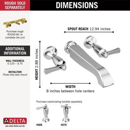 Delta Dorval T5756 Two Handle Wall Mount Tub Filler - Less Handles