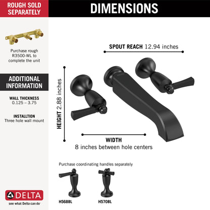 Delta Dorval T5756 Two Handle Wall Mount Tub Filler - Less Handles