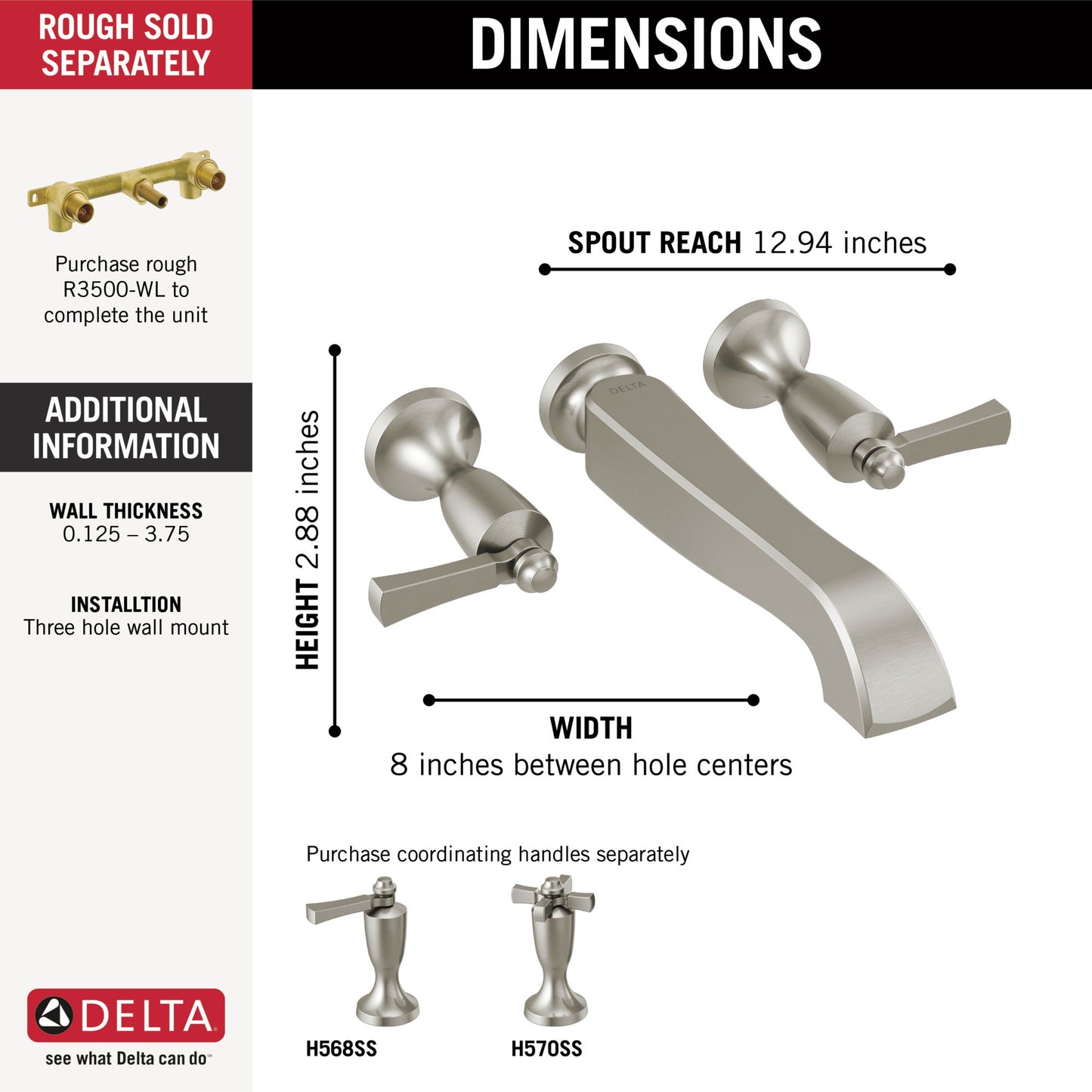 Delta Dorval T5756 Two Handle Wall Mount Tub Filler - Less Handles