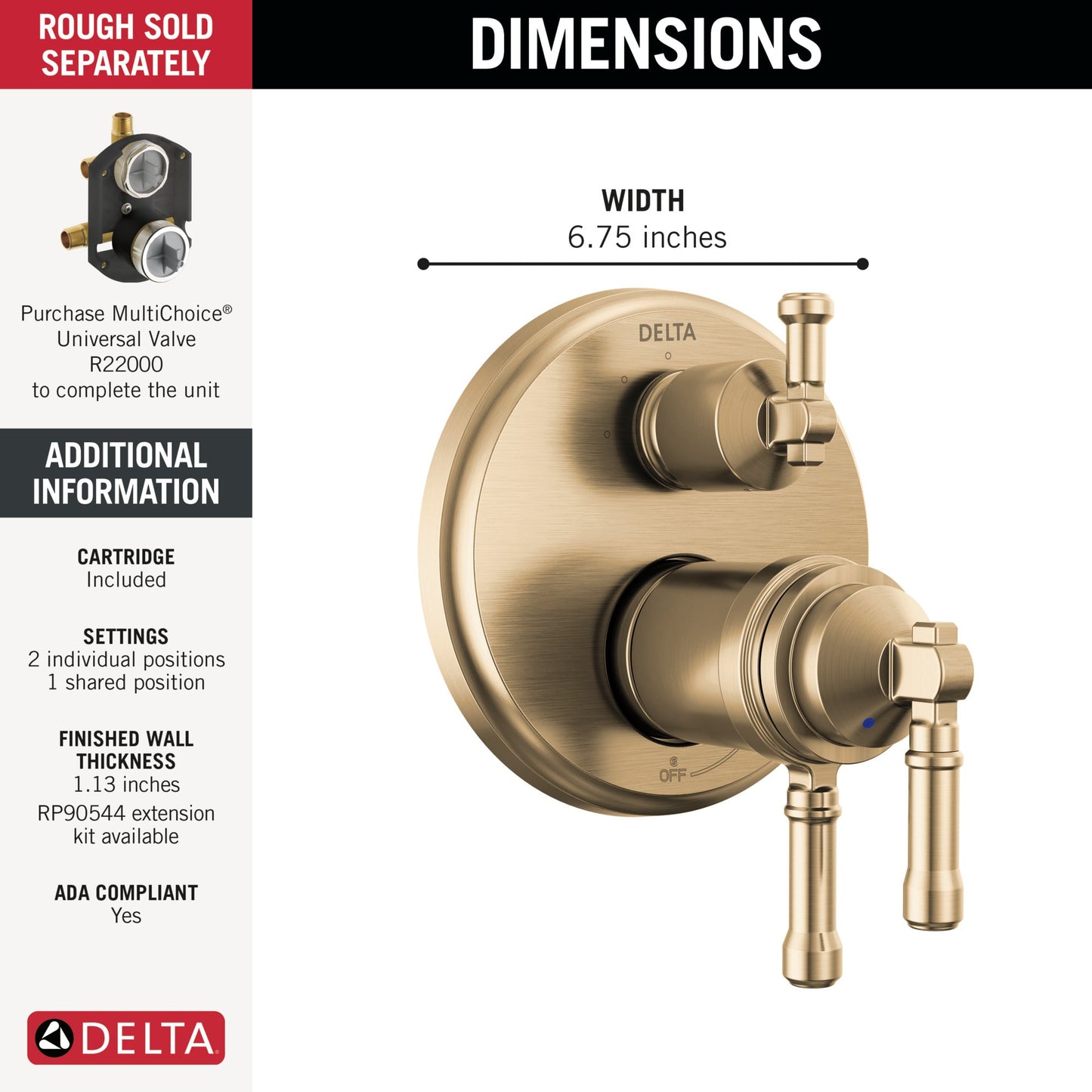 Delta Broderick T27T884 17T Series Integrated Diverter Trim 3-Setting