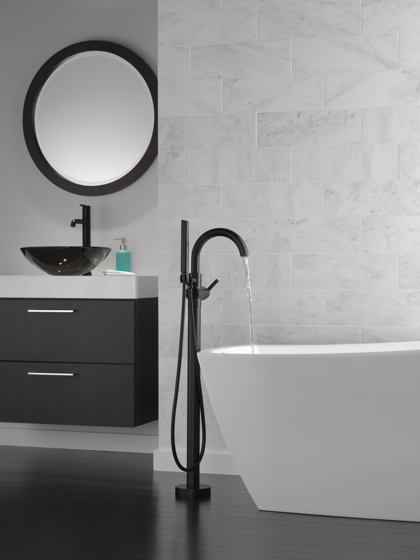 Delta Trinsic T4759 Single Handle Floor Mount Tub Filler Trim with Hand Shower