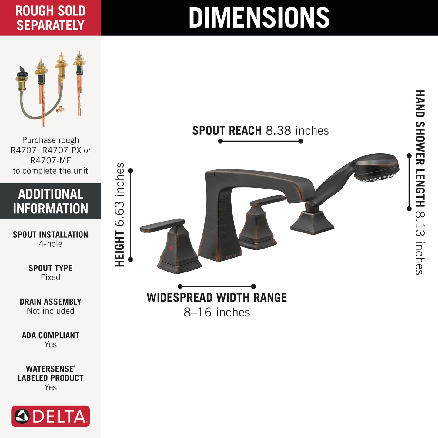 Delta Ashlyn T4764 Roman Tub with Hand Shower Trim