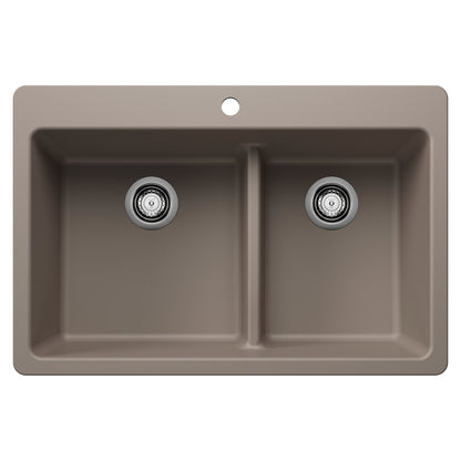 BLANCO Liven SILGRANIT 33" 60/40 Double Bowl Dual Mount Kitchen Sink with Low Divide - Truffle