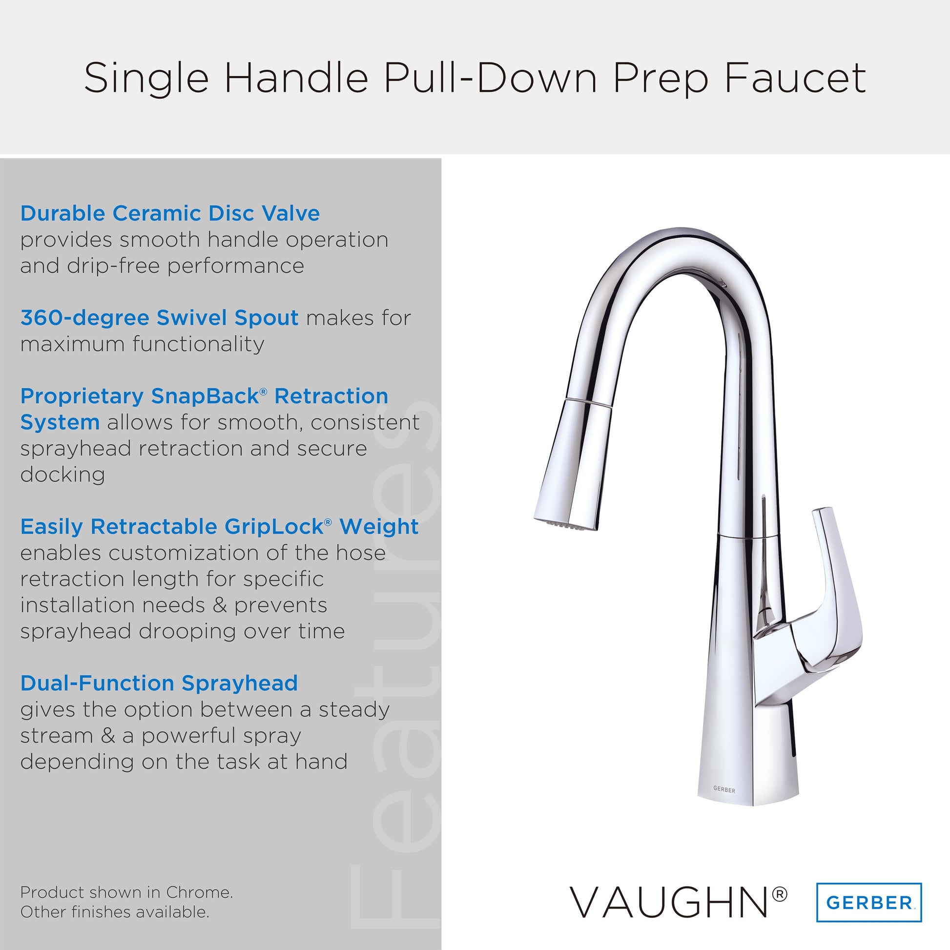 Gerber D150518 Vaughn 1H Pull-Down Prep Faucet 1.75gpm Chrome - Chrome