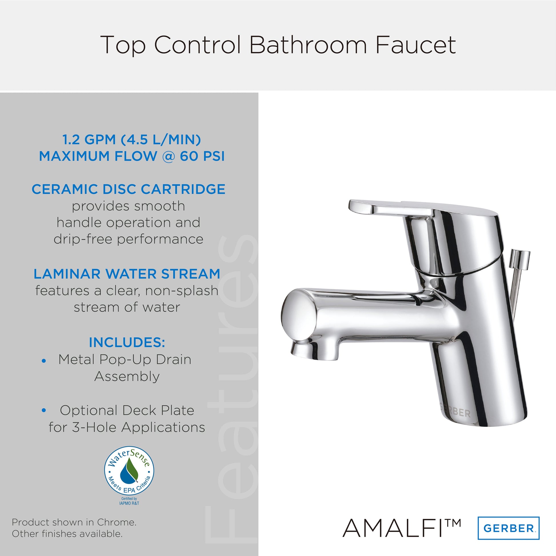 Gerber D224530 Amalfi 1H Top Control Lavatory Faucet Single Hole w/ Metal Pop-Up Drain 1.2gpm Chrome - Chrome