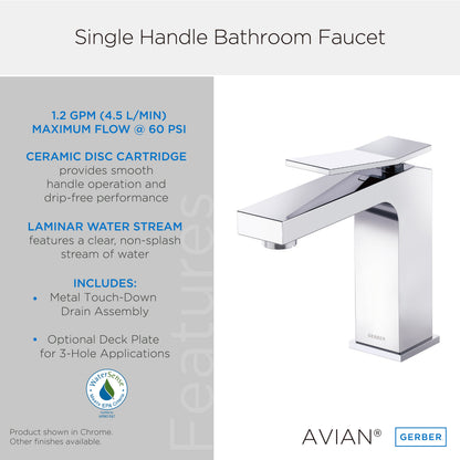 Gerber D225019 Avian 1H Lavatory Faucet Single Hole Mount w/ Metal Touch Down Drain 1.2gpm - Chrome