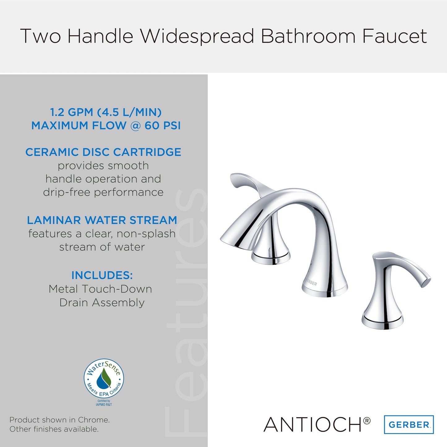 Gerber D304222 Antioch 2H Widespread Lavatory Faucet w/ Metal Touch Down Drain 1.2gpm Chrome - Chrome