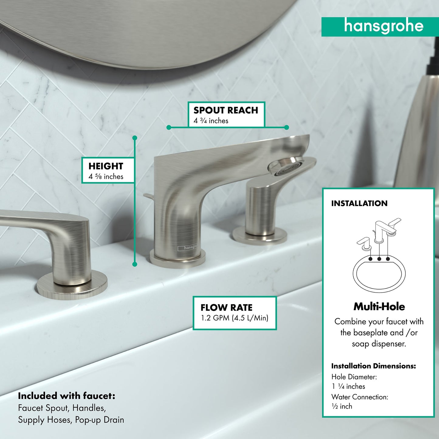 hansgrohe Focus Widespread Faucet 100 with Pop-Up Drain, 1.2 GPM