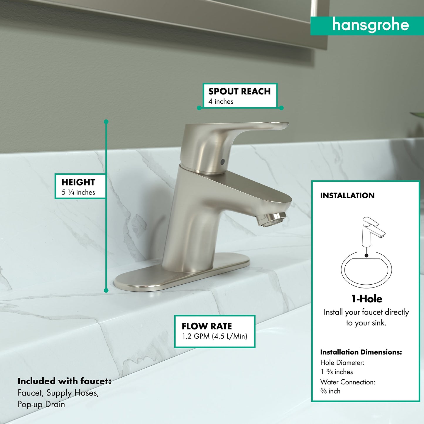 hansgrohe Focus Single-Hole Faucet 70 with Pop-Up Drain, 1.2 GPM