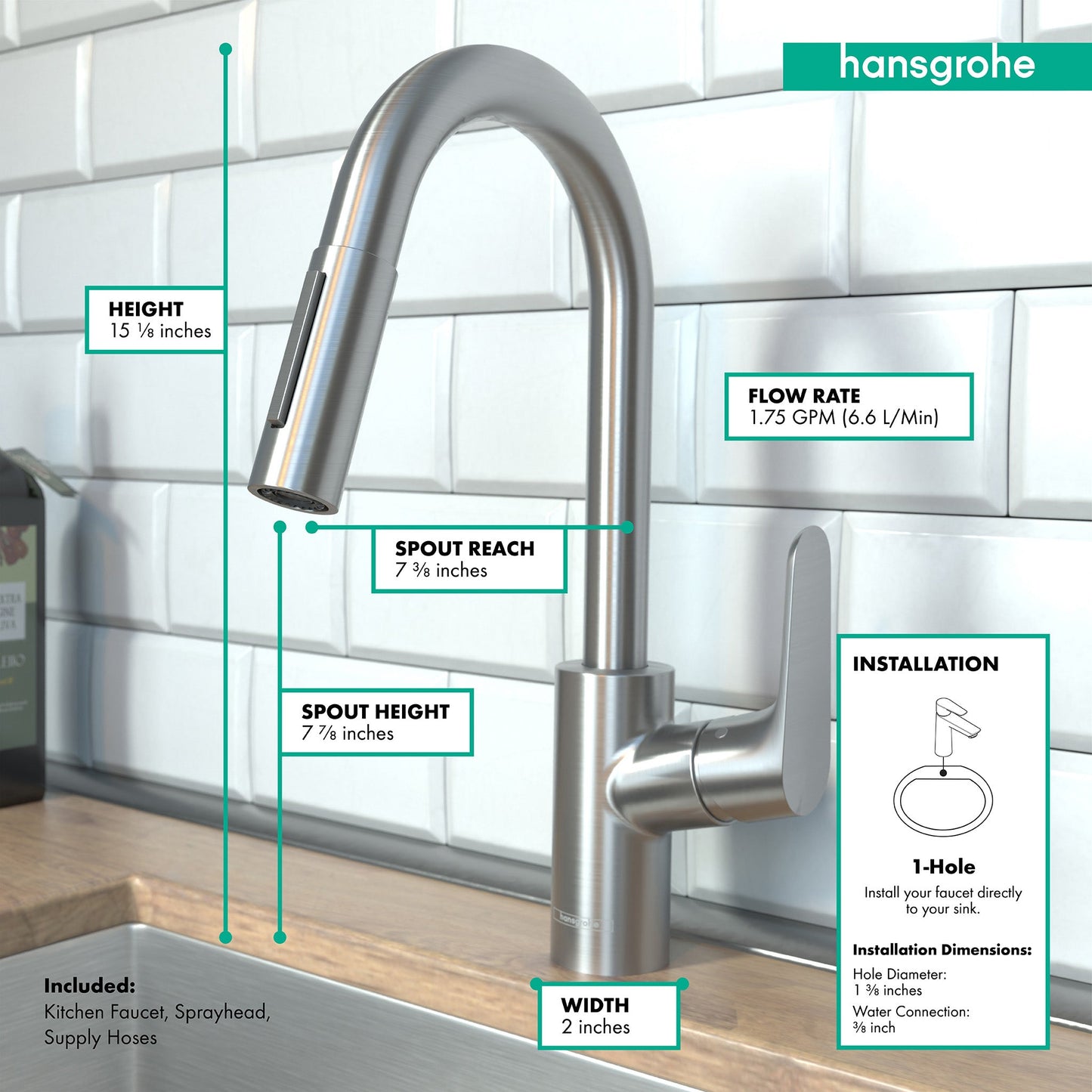 hansgrohe Focus Prep Kitchen Faucet, 2-Spray Pull-Down, 1.75 GPM