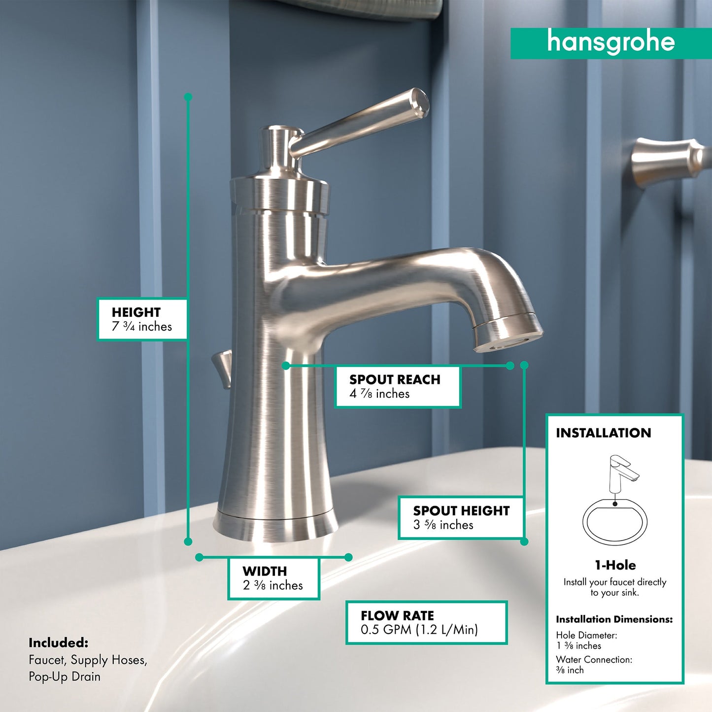 hansgrohe Joleena Single-Hole Faucet 100 with Pop-Up Drain, 0.5 GPM