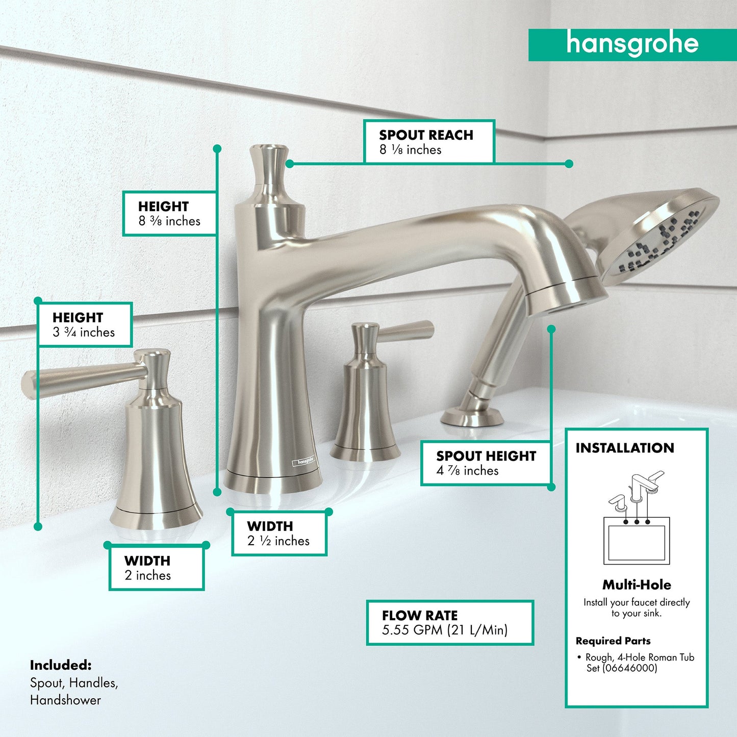 hansgrohe Joleena 4-Hole Roman Tub Set Trim with 1.75 GPM Handshower