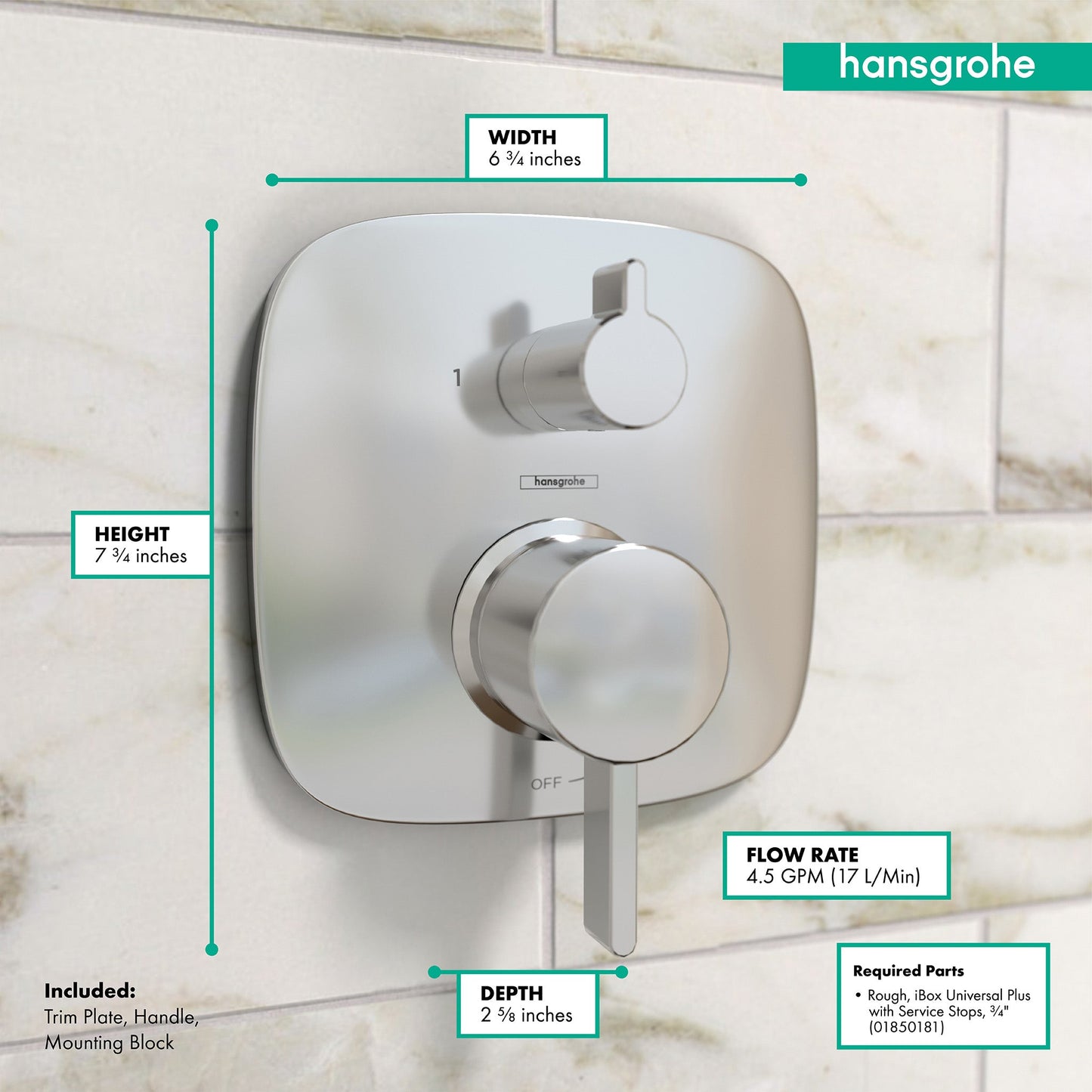 hansgrohe Ecostat Pressure Balance Trim Square with Diverter