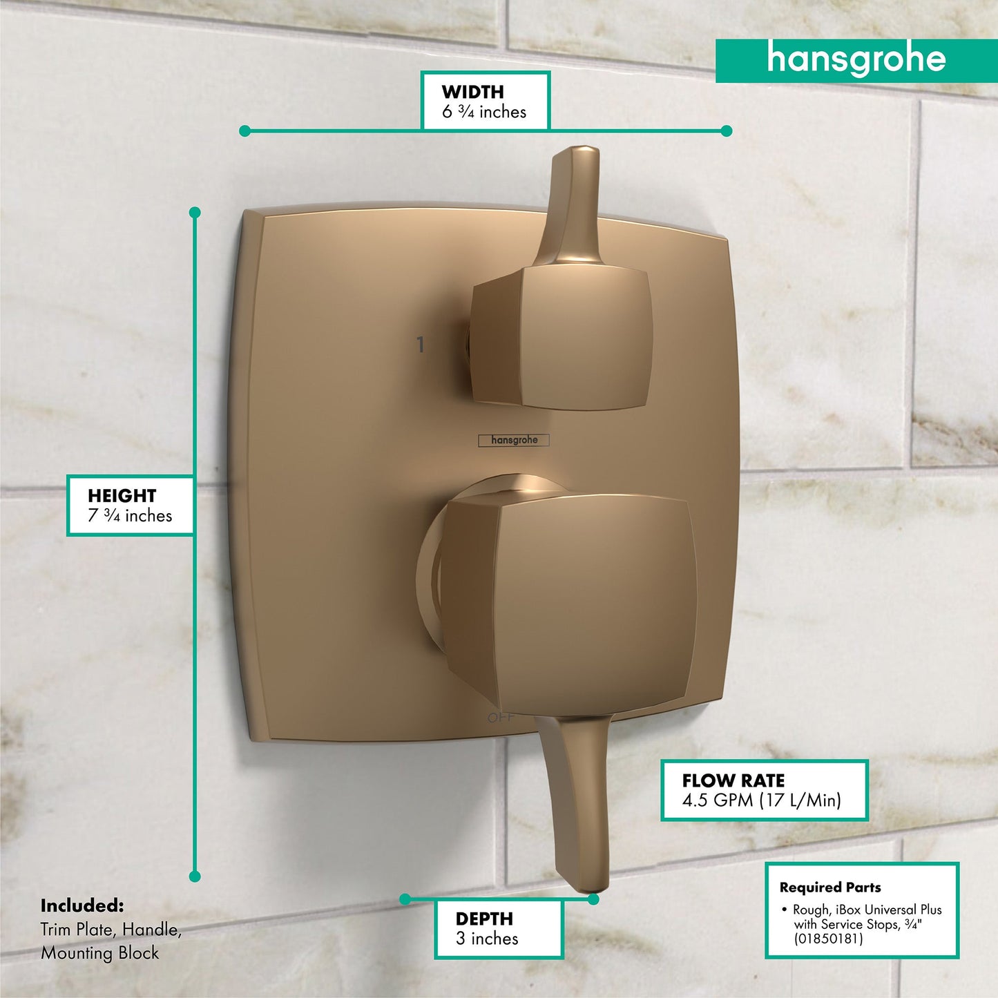 hansgrohe Ecostat Classic Pressure Balance Trim Classic Square with Diverter