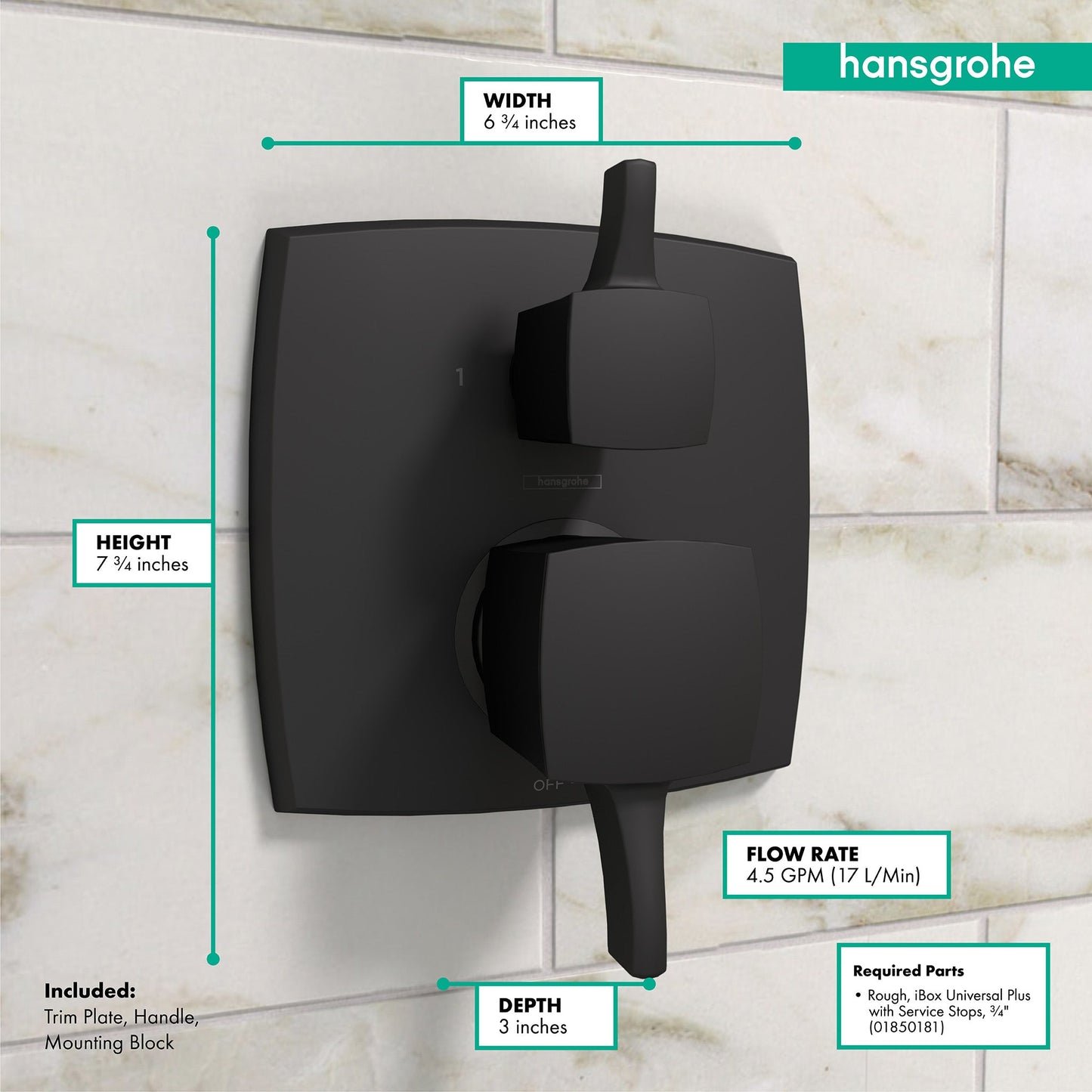 hansgrohe Ecostat Classic Pressure Balance Trim Classic Square with Diverter
