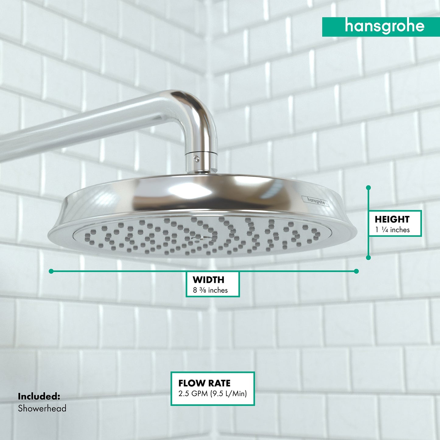 hansgrohe Raindance Classic Showerhead 180 1-Jet, 2.5 GPM