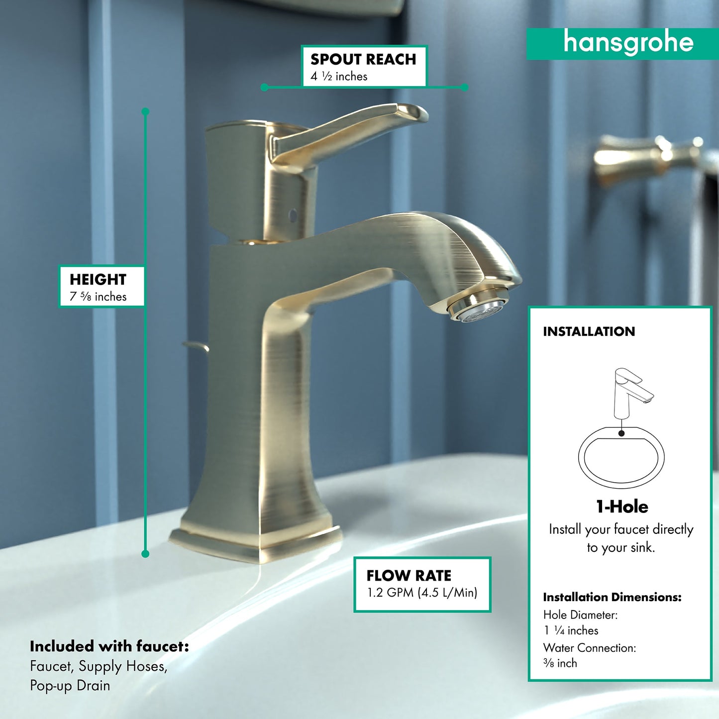 hansgrohe Metropol Classic Single-Hole Faucet 110 with Pop-Up Drain, 1.2 GPM