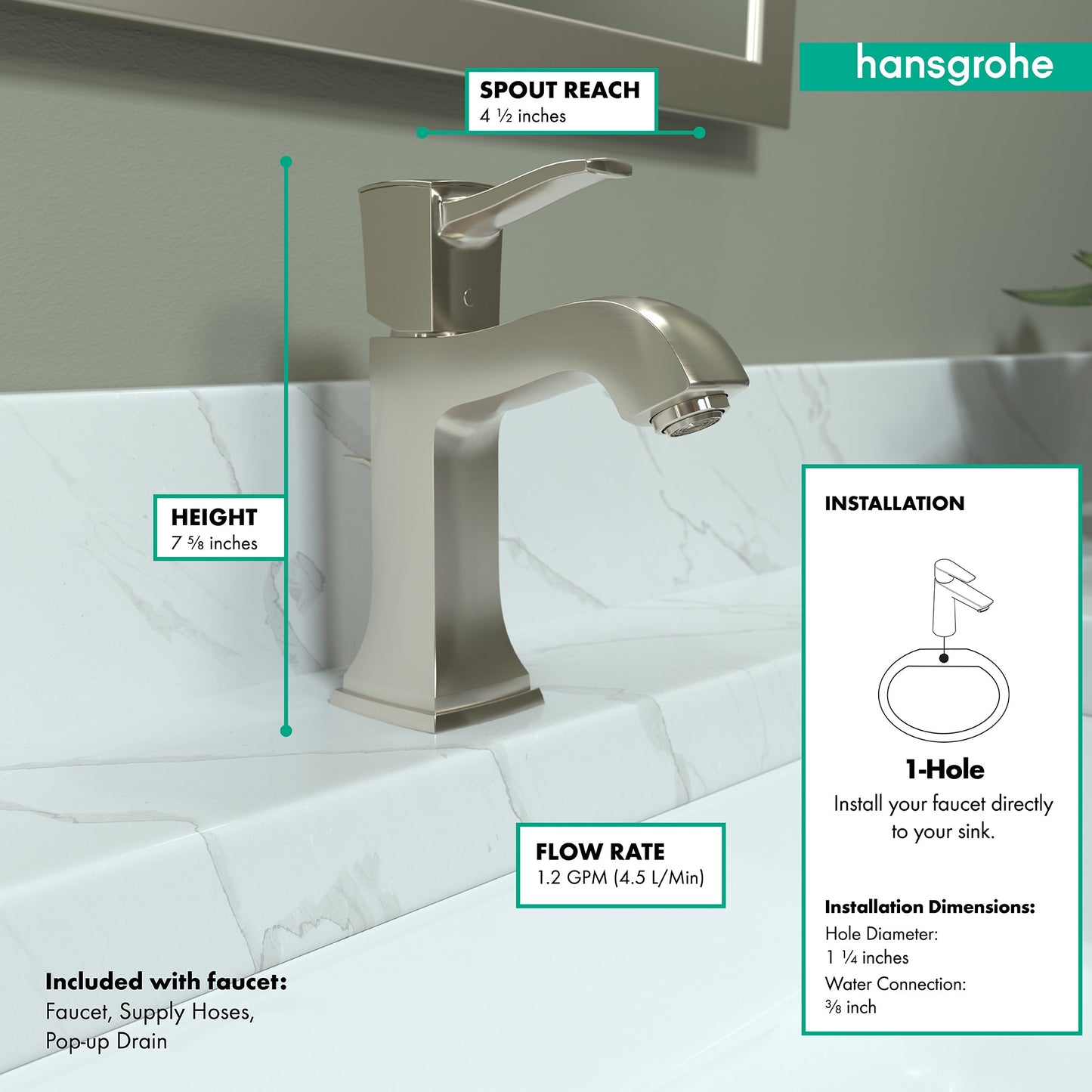 hansgrohe Metropol Classic Single-Hole Faucet 110 with Pop-Up Drain, 1.2 GPM