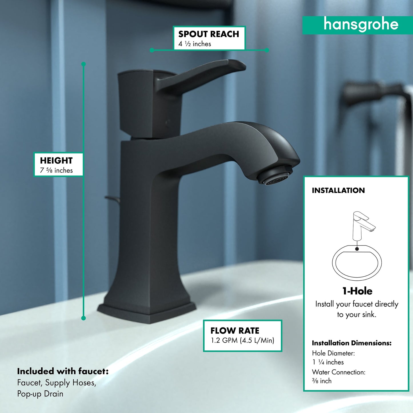hansgrohe Metropol Classic Single-Hole Faucet 110 with Pop-Up Drain, 1.2 GPM