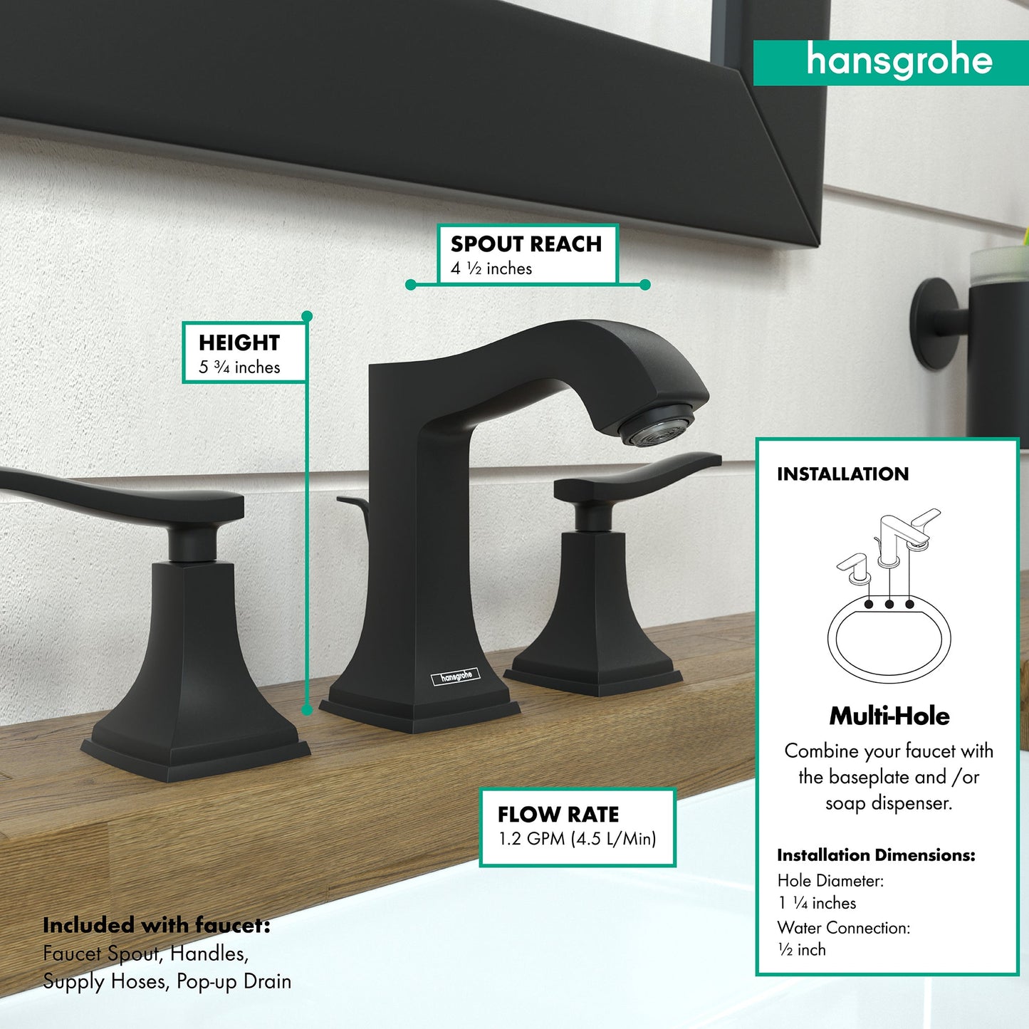 hansgrohe Metropol Classic Widespread Faucet 110 with Lever Handles and Pop-Up Drain, 1.2 GPM