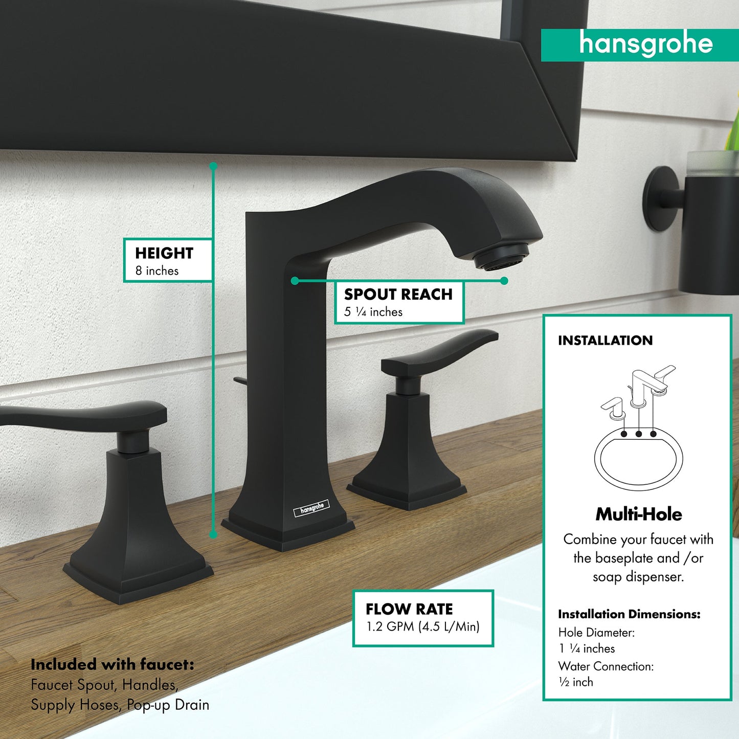hansgrohe Metropol Classic Widespread Faucet 160 with Lever Handles and Pop-Up Drain, 1.2 GPM