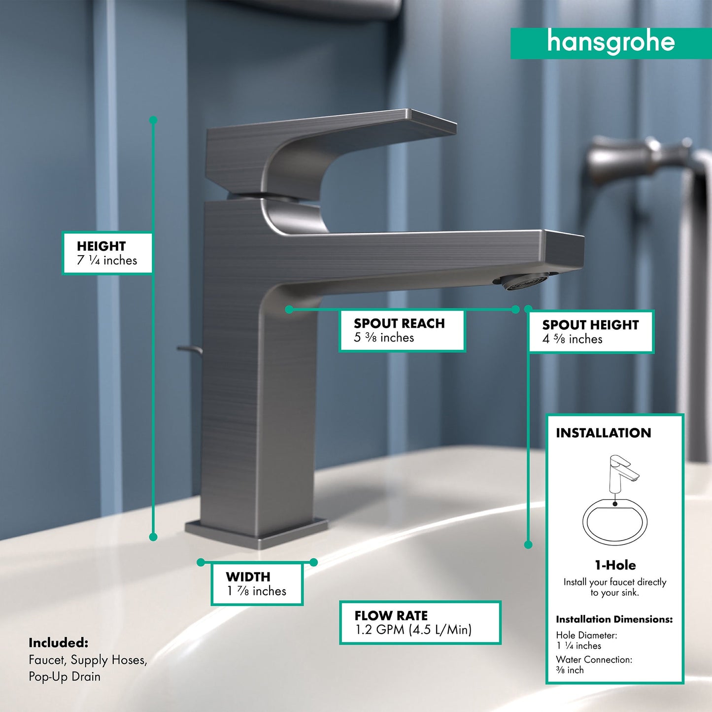 hansgrohe Metropol Single-Hole Faucet 110 with Lever Handle and Pop-Up Drain, 1.2 GPM