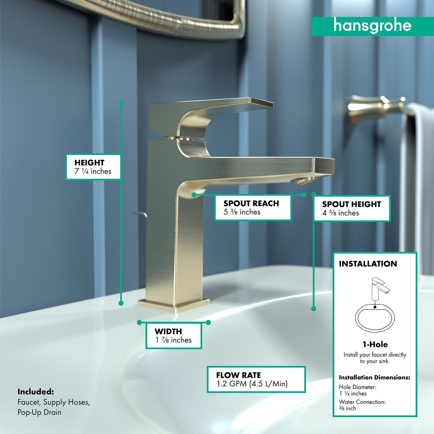 hansgrohe Metropol Single-Hole Faucet 110 with Lever Handle and Pop-Up Drain, 1.2 GPM