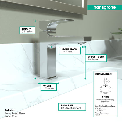 hansgrohe Metropol Single-Hole Faucet 110 with Lever Handle and Pop-Up Drain, 1.2 GPM
