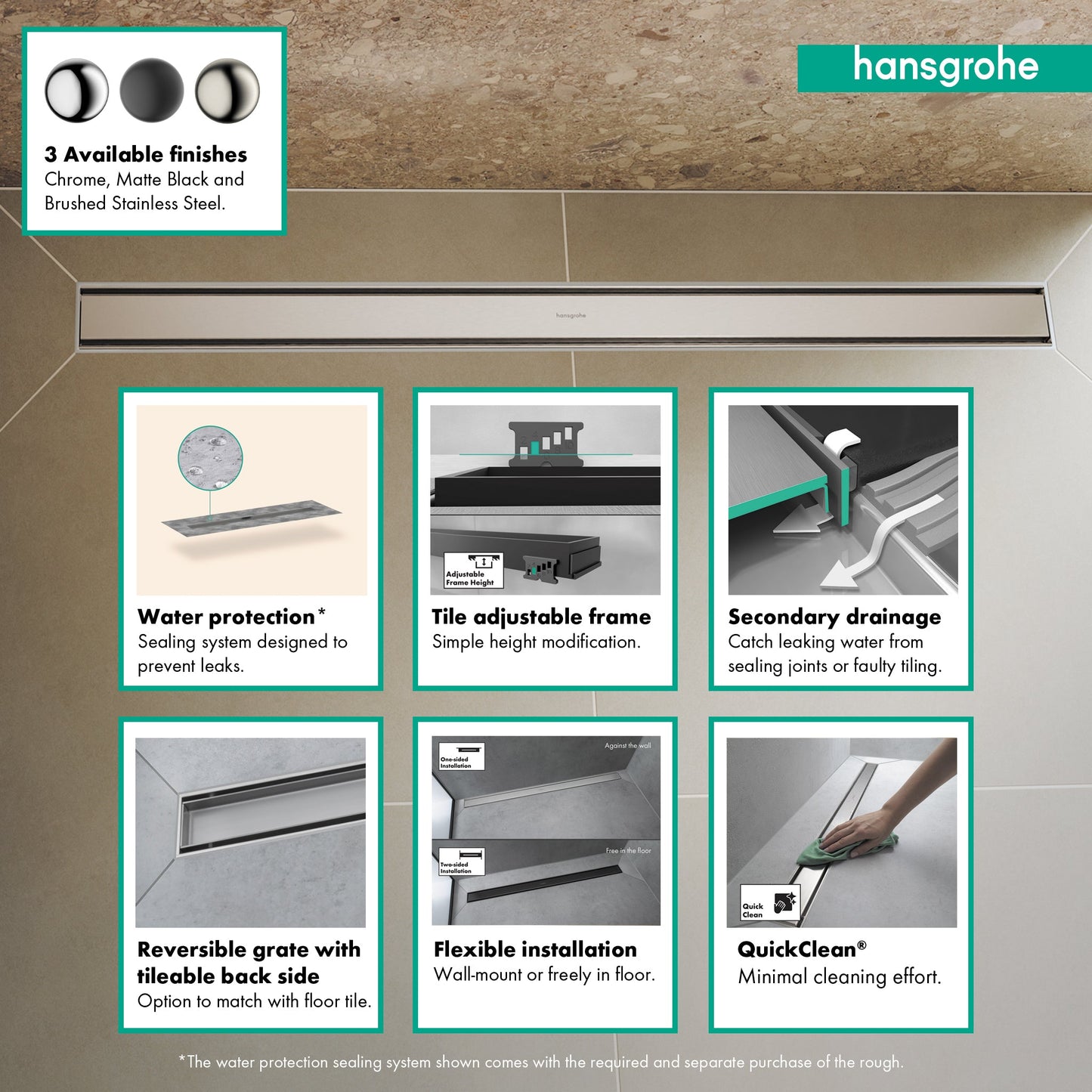 hansgrohe RainDrain Match Trim 35 1/4" with Height Adjustable Frame