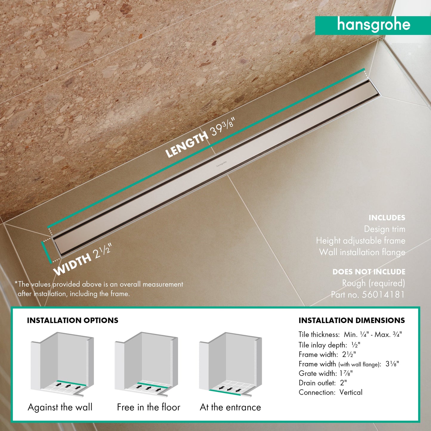 hansgrohe RainDrain Match Trim 39 3/8" with Height Adjustable Frame