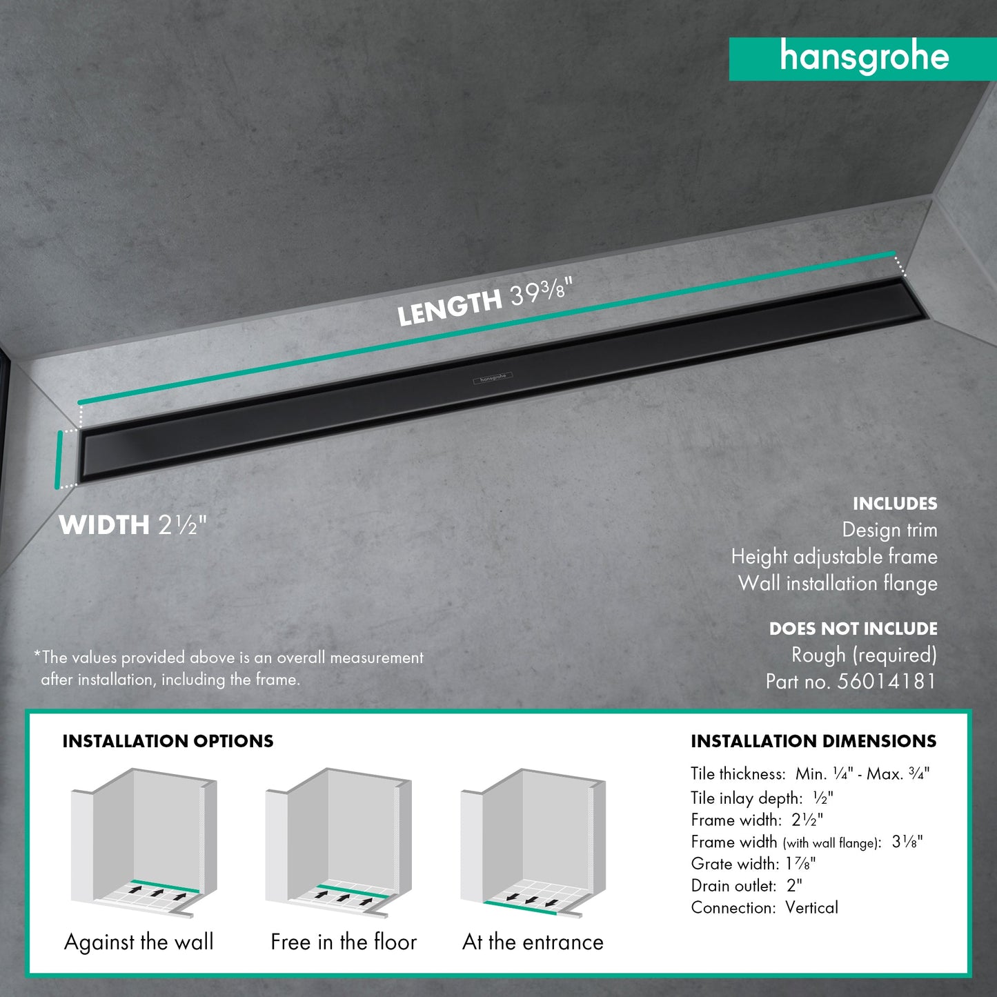 hansgrohe RainDrain Match Trim 39 3/8" with Height Adjustable Frame
