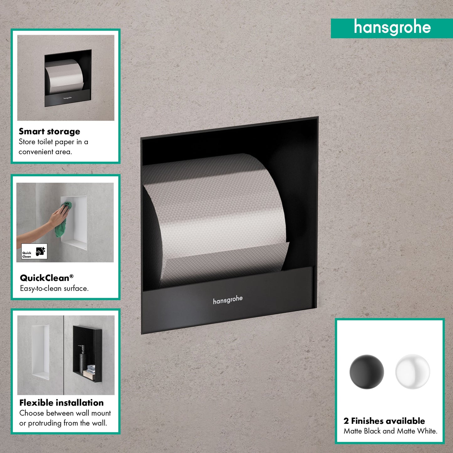 hansgrohe XtraStoris Original Recessed Toilet Paper Holder 6"x 6"x 5.5"
