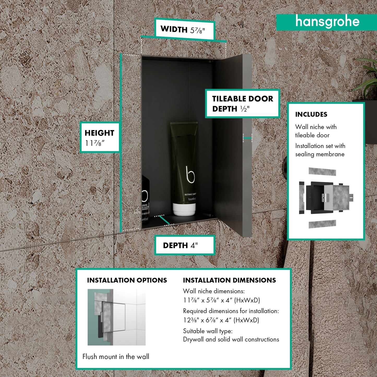 hansgrohe XtraStoris Rock Wall Niche with Tileable Door 12"x 6"x 4"