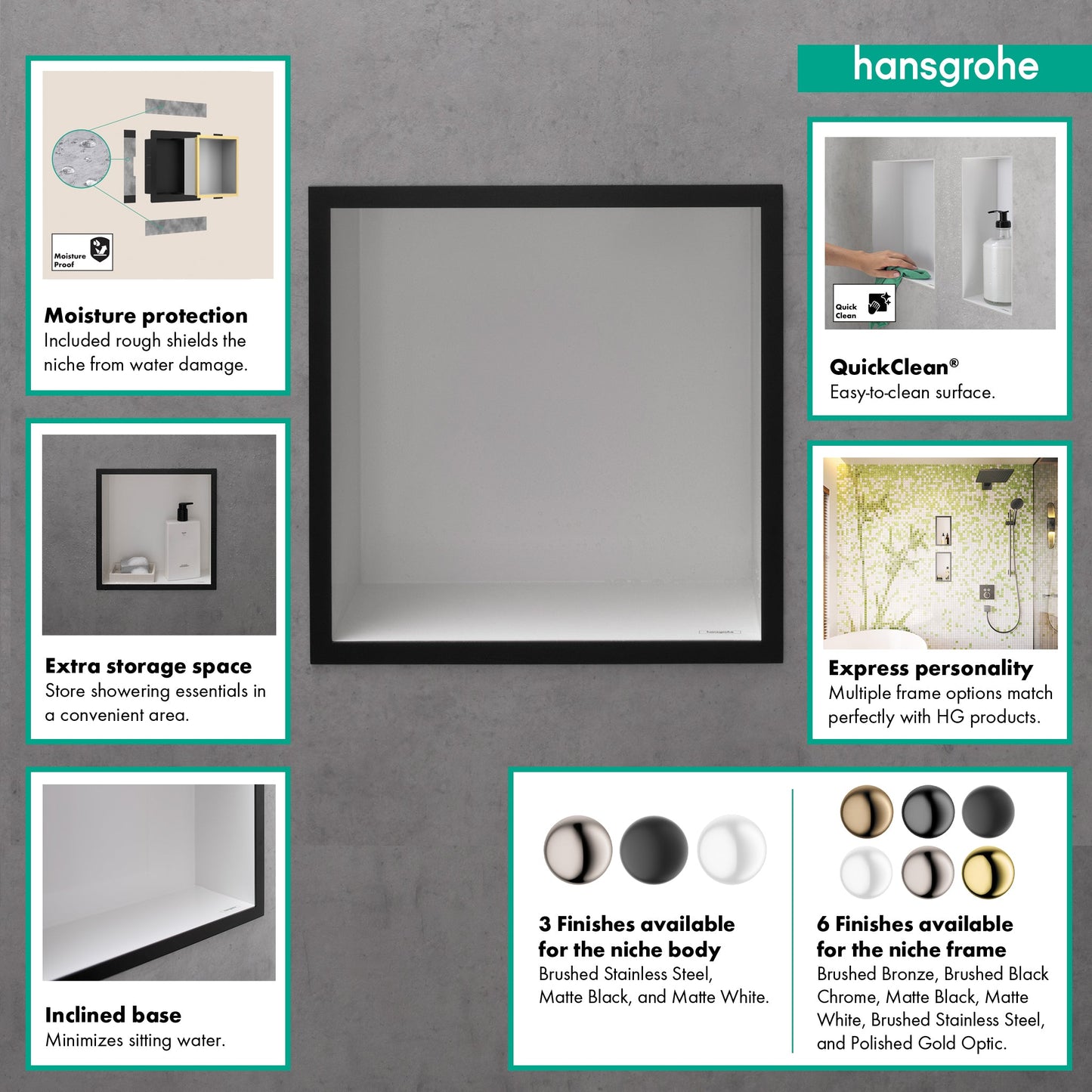 hansgrohe XtraStoris Individual Wall Niche Brushed Stainless Steel with Design Frame 12"x 12"x 4"