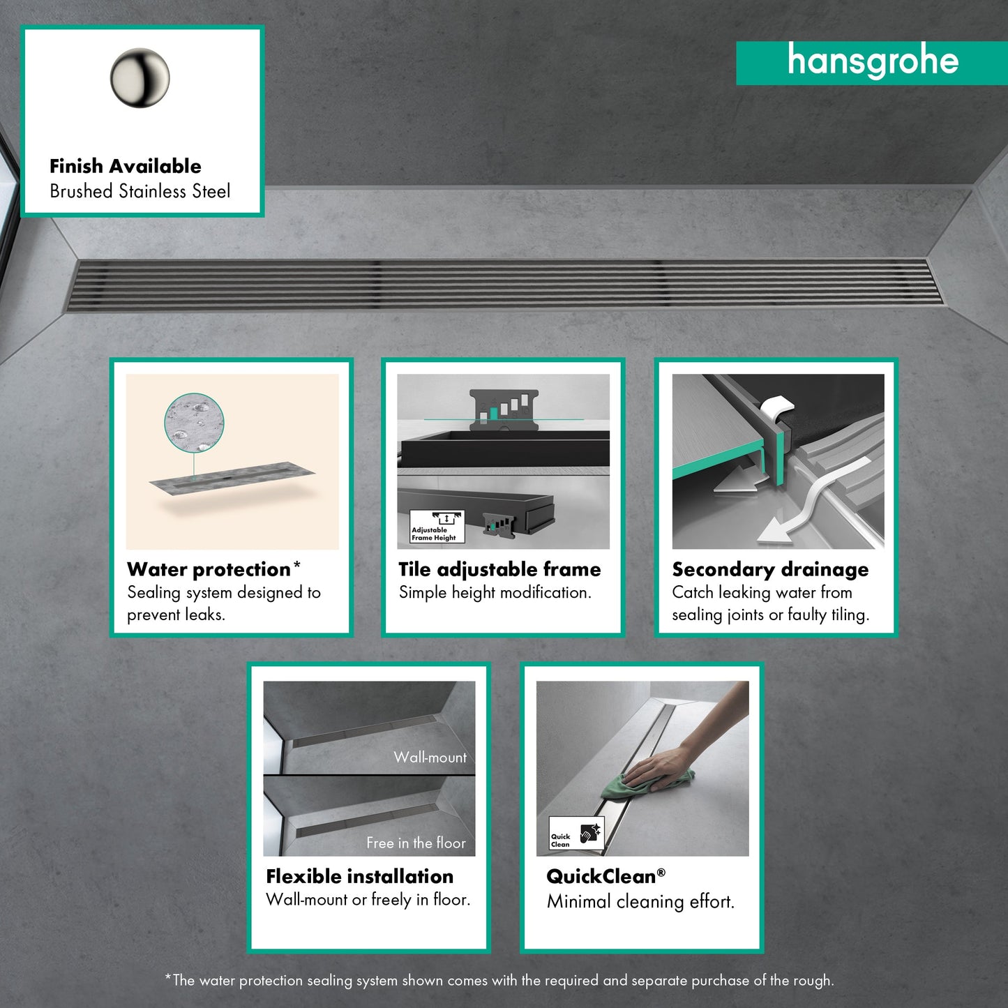 hansgrohe RainDrain Match Boardwalk Trim Boardwalk 23 5/8" with Height Adjustable Frame
