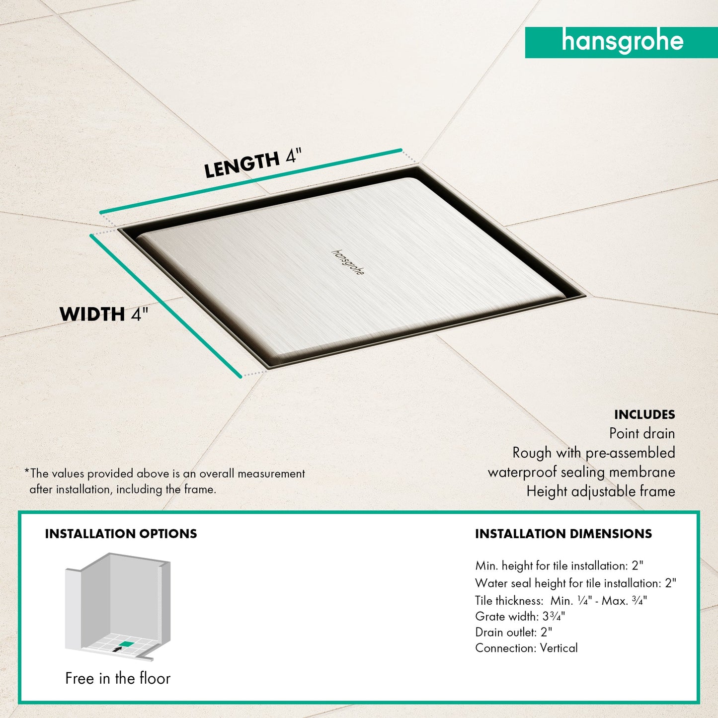 hansgrohe RainDrain Brilliance Point Drain Set 4"x 4" Trim Tileable Rear Cover and Rough