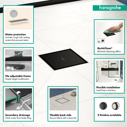 hansgrohe RainDrain Brilliance Point Drain Set 4"x 4" Trim Tileable Rear Cover and Rough