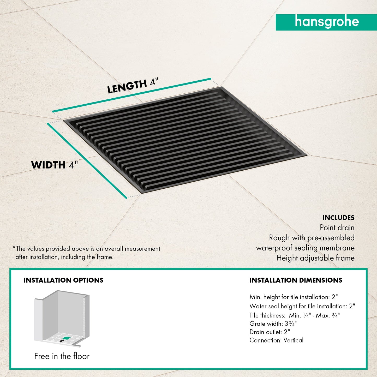 hansgrohe RainDrain Brilliance Point Drain Set 4"x 4" Trim with Height Adjustable Frame and Rough