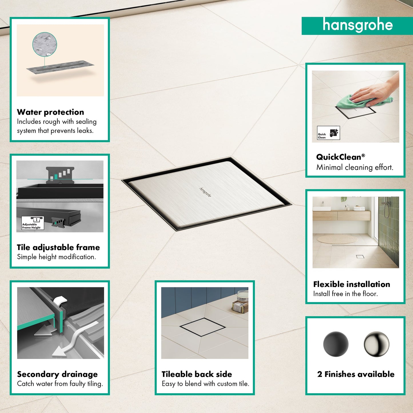 hansgrohe RainDrain Rock Point Drain Set 4"x 4" Trim with Rough