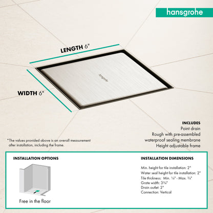 hansgrohe RainDrain Brilliance Point Drain Set 6"x 6" Trim Tileable Rear Cover and Rough