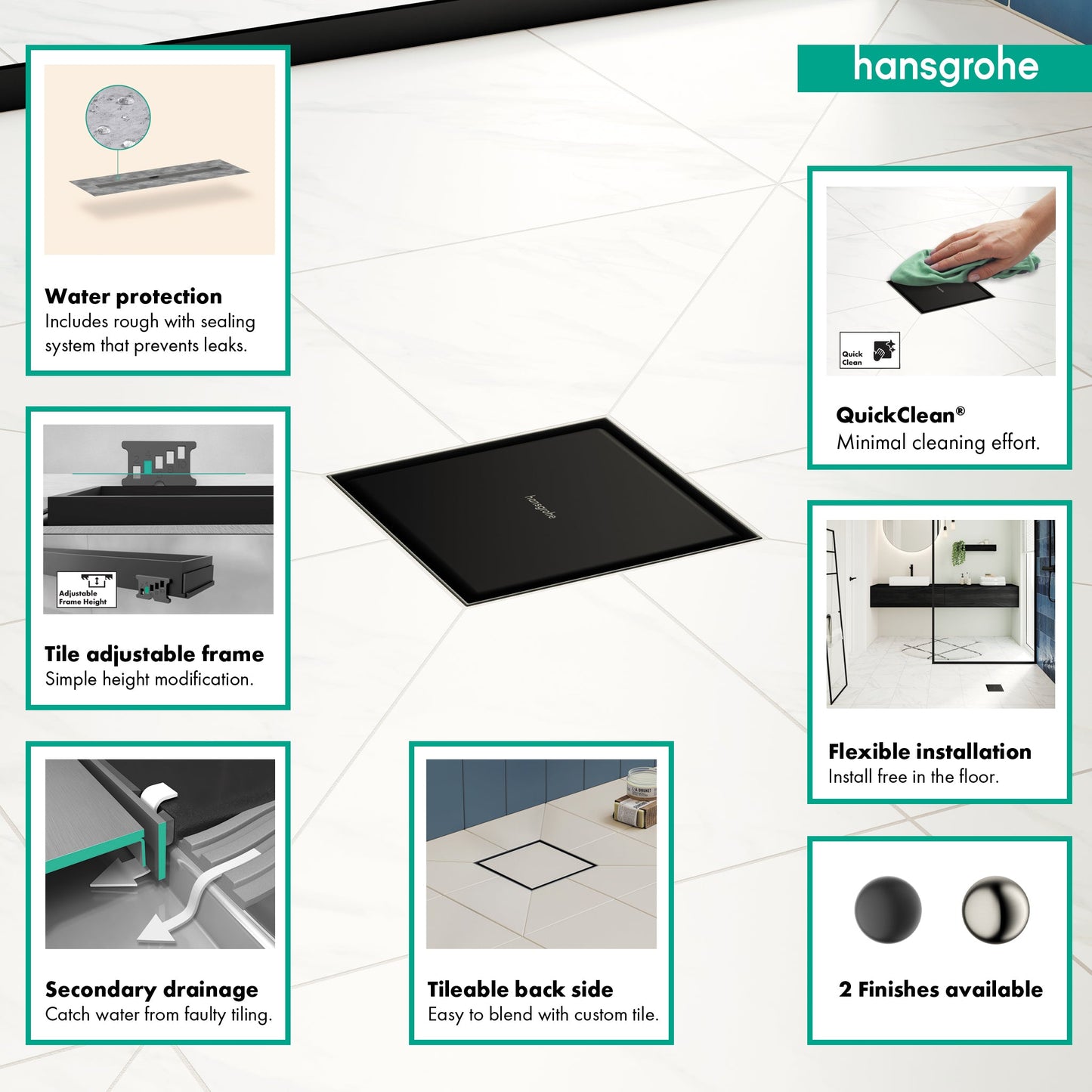 hansgrohe RainDrain Brilliance Point Drain Set 6"x 6" Trim Tileable Rear Cover and Rough