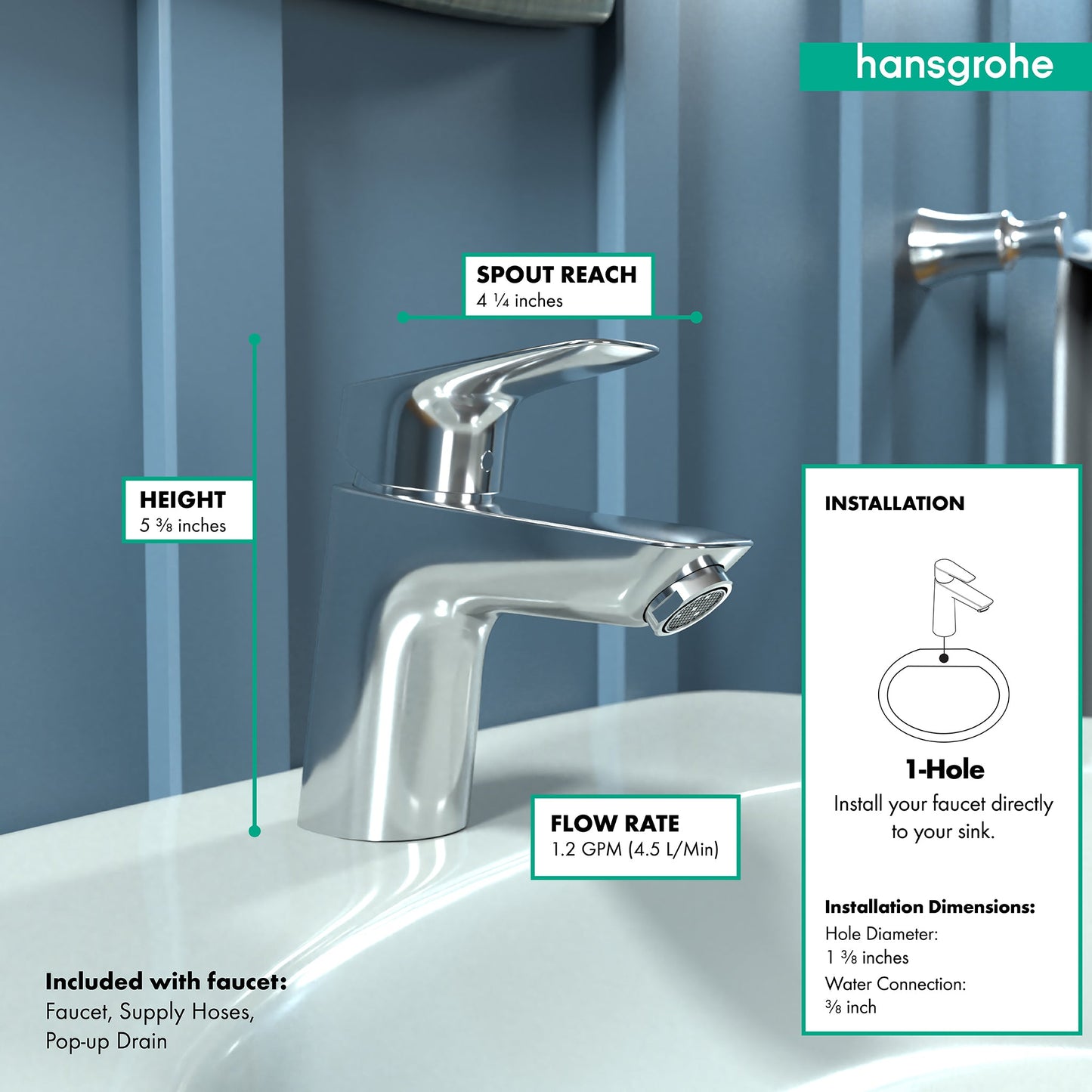 hansgrohe Logis Single-Hole Faucet 70 with Pop-Up Drain, 1.2 GPM
